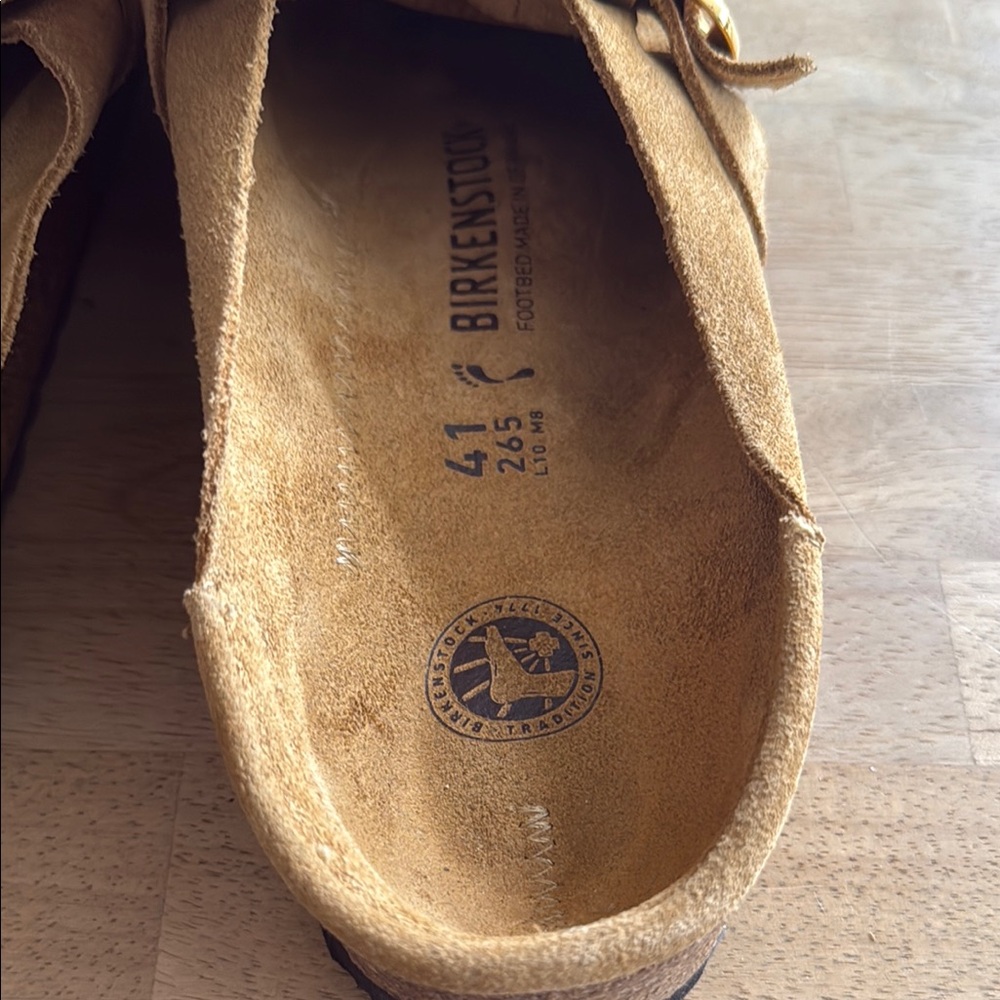 Birkenstock Tan Flats with Gold Buckle and Contoured Footbed - Picture 2 of 4